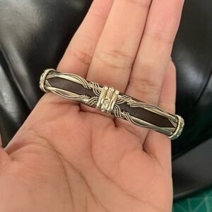 Leather brass wired silver tone cuff bracelet